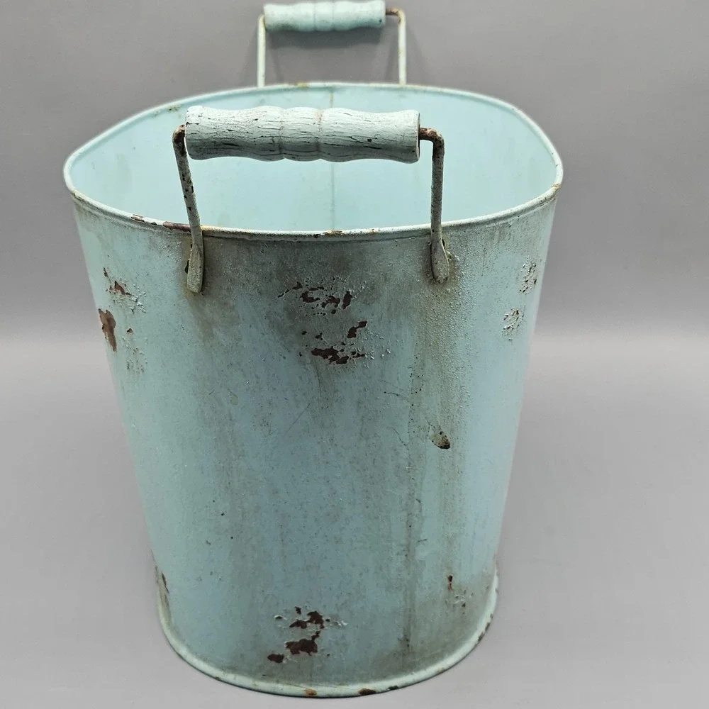 French Paris Maison Farmhouse Robins Egg Blue Wood Handle Bucket Distressed